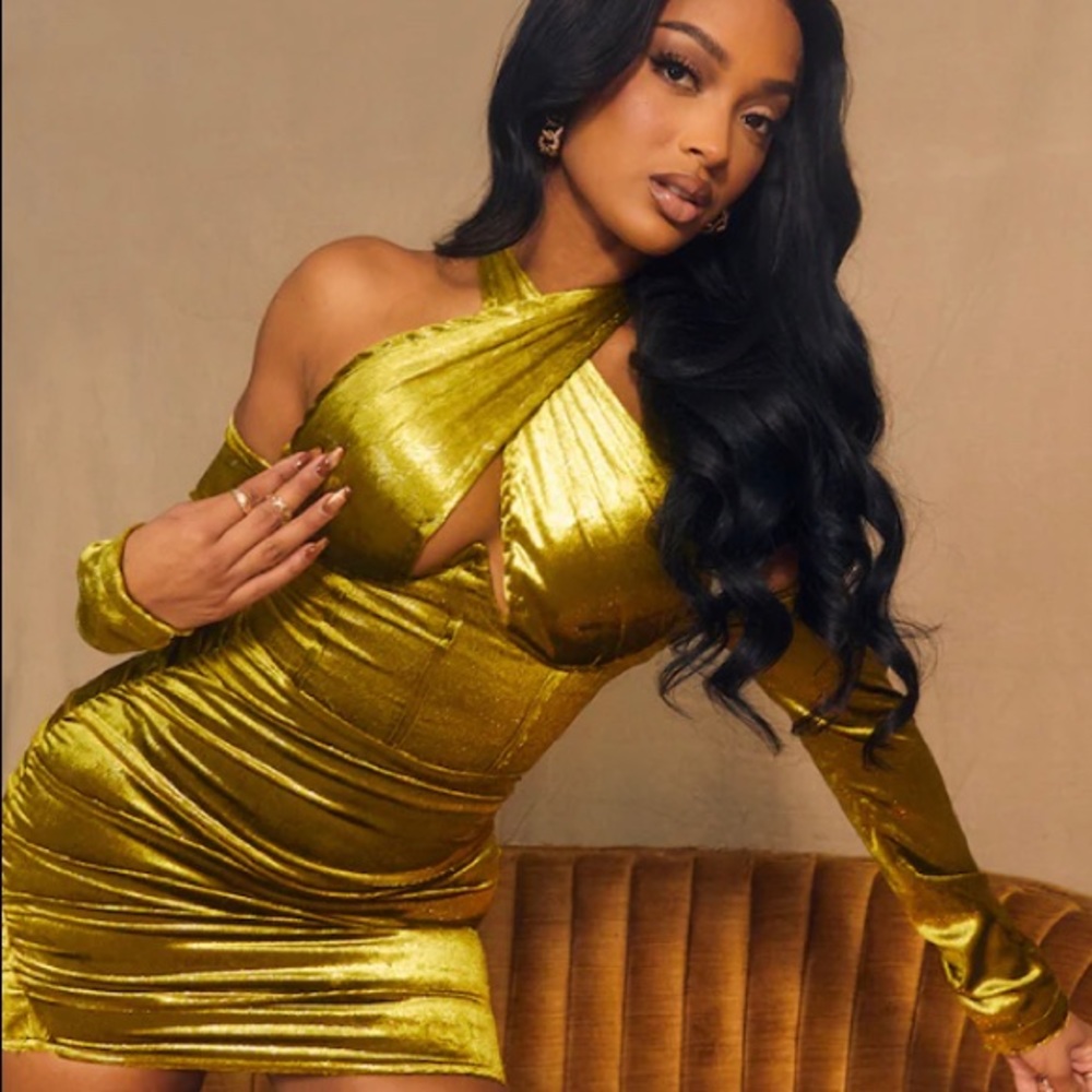 Bodycon Olive Glitter Velvet Cross Neck Ruched Dress